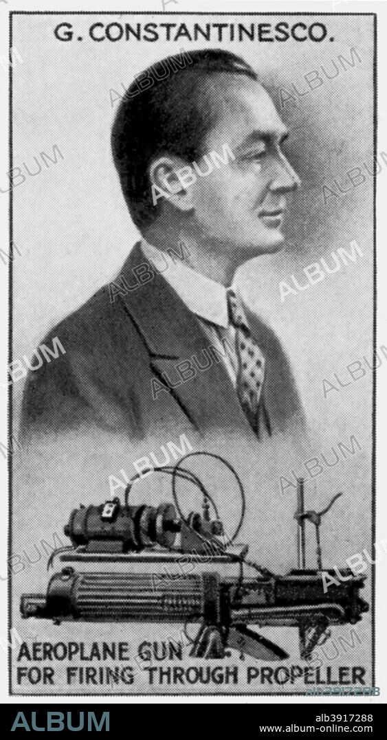 George Constantinescu, Romanian scientist, engineer and inventor, (c1924). George (Gogu) Constantinescu (1881-1965) registered over 130 inventions during his scientific career. One of his most famous inventions was the sonic machine-gun synchroniser which enabled airmen to shoot between the spinning blades of the plane's propeller. He also created a new branch of continuum mechanics, the Theory of Sonics, in which he described the transmission of mechanical energy through vibrations.
