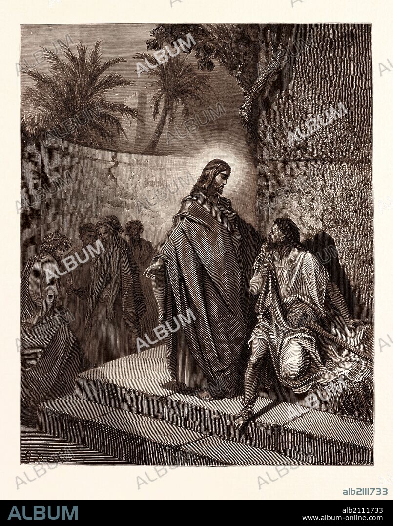 JESUS HEALING THE MAN SICK OF THE PALSY, BY GUSTAVE DORÉ. Dore, 1832 - 1883, French. Engraving for the Bible. 1870, Art, Artist, holy book, religion, religious, christianity, christian, romanticism, colour, color engraving.