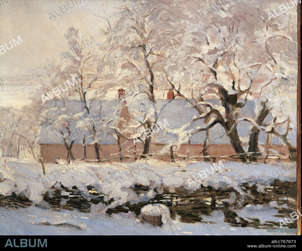 The Magpie, by Claude Monet, 1868-1869, 19th Century, oil on canvas, cm 89 x 130. France, Ile de France, Paris, Muse dOrsay, RF1984-164. Detail. Snow tree ladder house black white winter hedge.