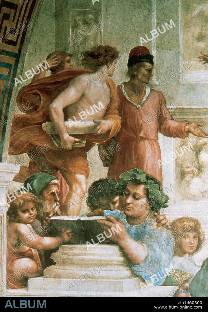 RAPHAEL. ARTE RENACIMIENTO. ITALIA. RAFAEL, Rafaello Santi o Sanzio llamado, (Urbino, 1483-Roma,1520). Pintor italiano. "ESCUELA DE ATENAS". Obra encargada por el papa Julio II en 1508 para la decoración de sus nuevas Estancias y que sugiere un espacio infinito. Detalle de EPICURO. Stanza di Raffaello. Vaticano.