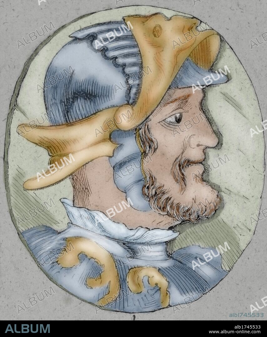 SANCHO I "el Craso" (León, h. 935-966). Rey de León (956-966), hijo del segundo matrimonio de Ramiro II, con la navarra Doña Urraca. Grabado coloreado.