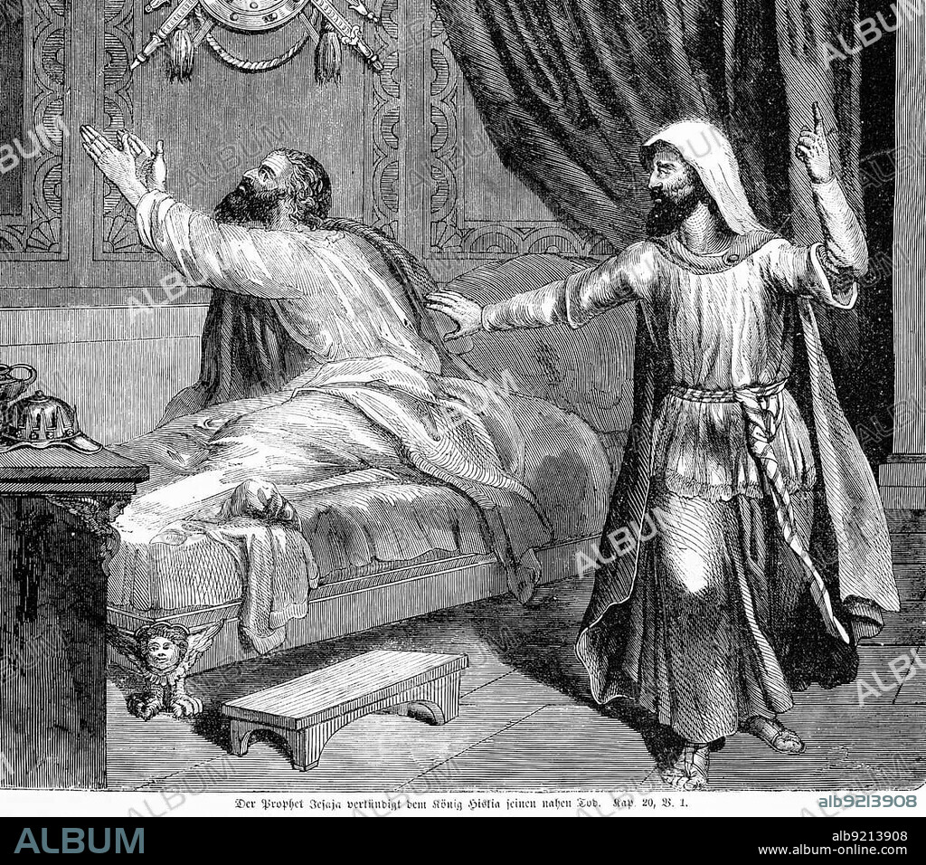The prophet Isaiah proclaims to King Hezekiah his imminent death, sick, prophet Isaiah, son Amoz, speak, plead, couch, bed, chest of drawers, bedchamber, Bible, Old Testament, Second Book of Kings, chapter 20, verse 1, historical illustration c. 1850, Near East
