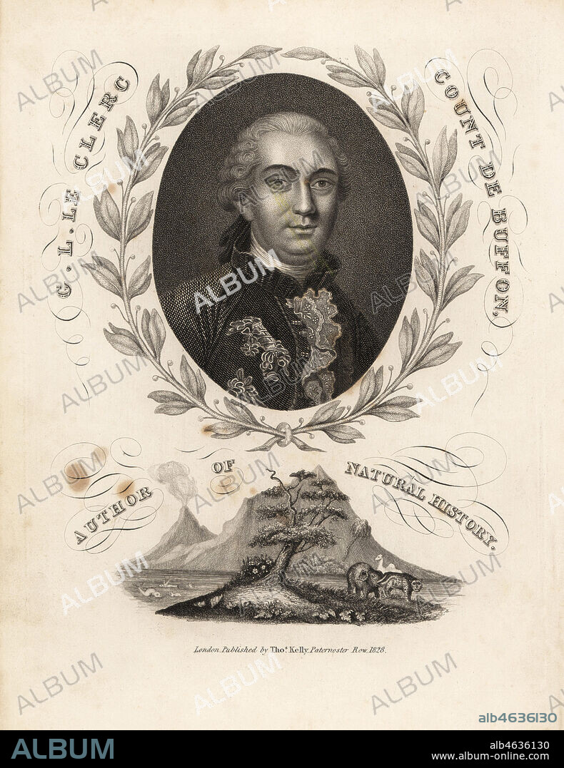 Portrait of Count Georges Buffon inside laurel garland. Copperplate from William Smellies translation of Count Georges Buffons History of the Earth and Animated Nature, Thomas Kelly, London, 1829.