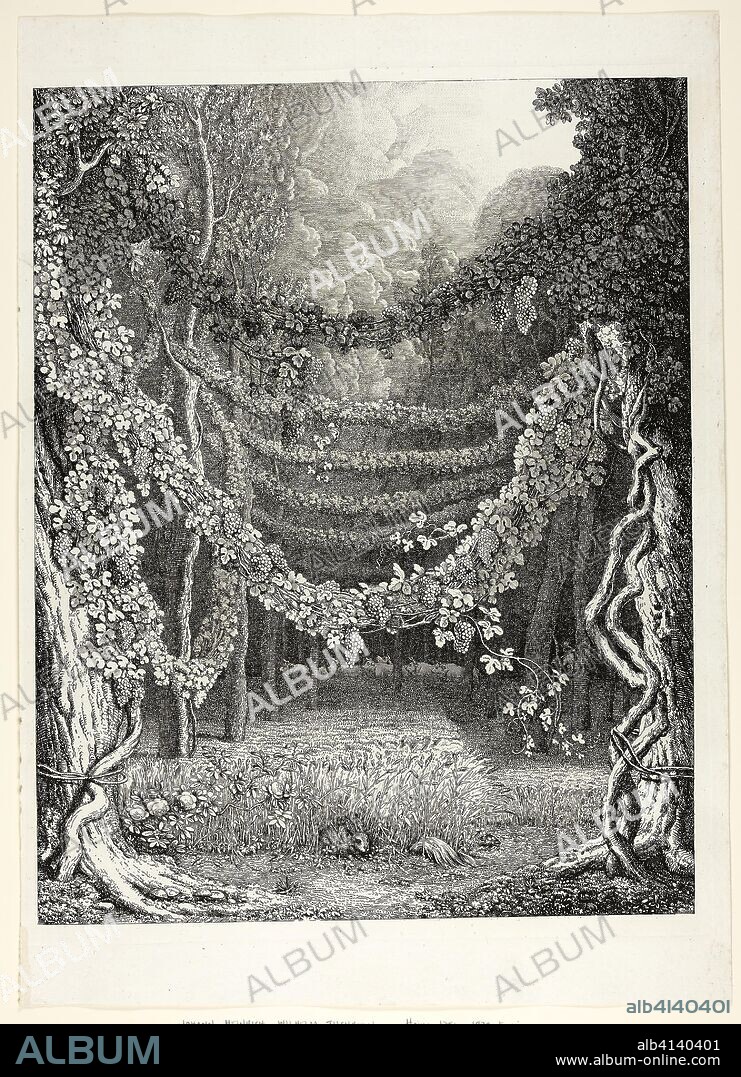 JOHANN HEINRICH TISCHBEIN II. Oenotria Telus, An Idealized Woodland Scene Near Naples. Johann Heinrich Wilhelm Tischbein; German, 1751-1829. Date: 1726. Dimensions: 434 × 340 mm (image); 452 × 356 mm (plate, appro×.; trimmed within left plate edge); 514 × 367 mm (sheet). Etching in black on ivory wove paper. Origin: Germany.