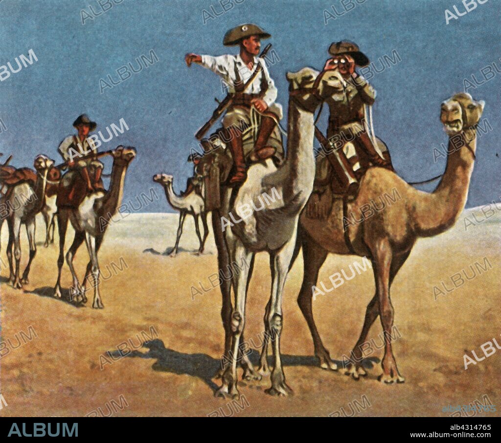 Pursuing the Simon-Copper-Hottentotts in the Kalahari Desert, 16 March 1908, (1936). 'Auf Der Verfolgung Der Simon-Copper-Hottentotten In Der Wüste Kalahari, 16 März 1908'. German Schutztruppen on camels in pursuit of rebel leader Simon Kooper (died 1913), who fought against colonial rule in German South West Africa (now Namibia) in the Herero and Nama War of 1904-1907. From "Bilder Deutscher Geschichte", (Pictures of German History), No.12, cigarette card album. [Cigaretten-Bilderdienst, Altona-Bahrenfeld, Hamburg, Germany, 1936].