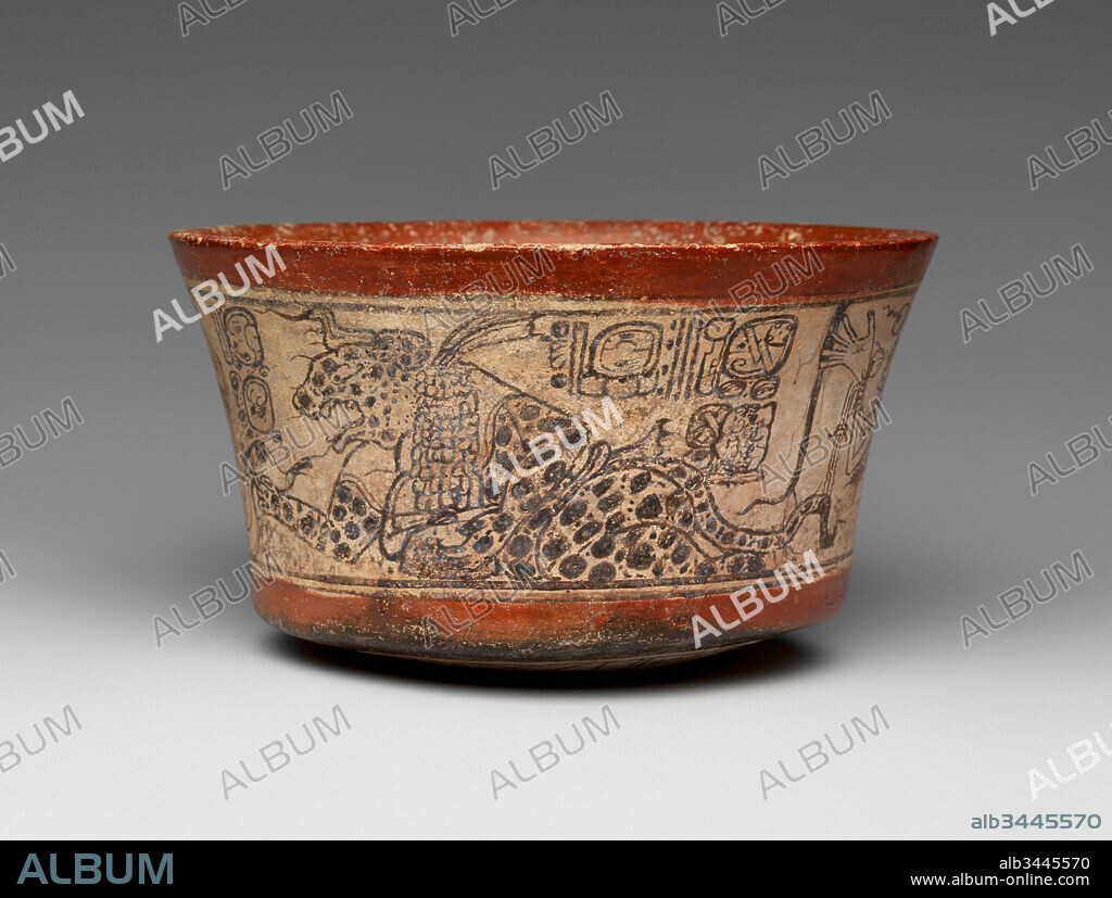Bowl, Mythological Scene, 8th century, Guatemala or Mexico, Mesoamerica, Maya, Ceramic, Height 4-1/8 in. (10.5 cm), Ceramics-Containers, The enigmatic scene on this cup painted in the 'codex-style' shows a jaguar holding an enema bladder with a syringe wearing what seems to be a bib made of white cotton. The ancient Maya consumed alcoholic beverages through enemas; special bone enema tubes have been found in royal tombs.