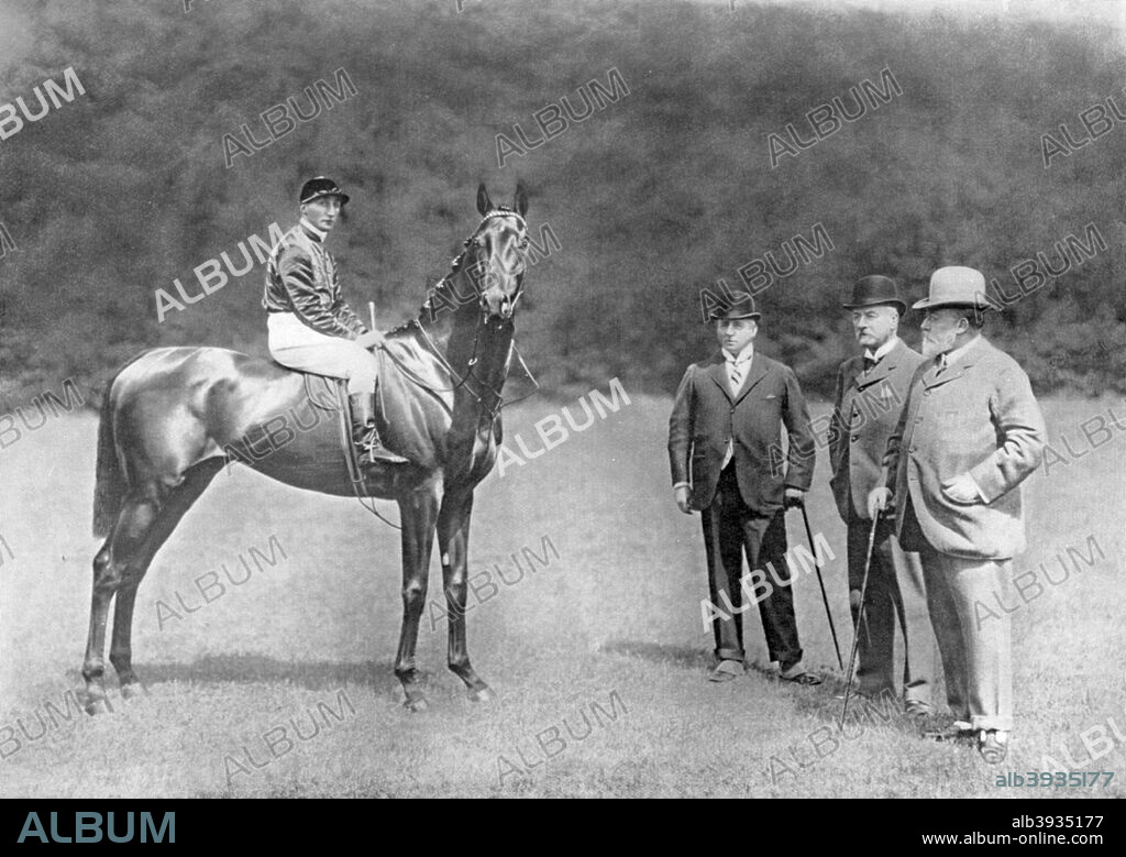 Minoru (Derby and 2000 Guineas winner), 1909 (1938). Minoru pictured with jockey Herbert Jones on board. Also present are the horse's owner, King Edward VII, Lord Marcus Beresford, who ran the King's racing stables, and trainer Richard Marsh. Minoru was the son of Cyllene, winner of the 1889 Ascot Gold Cup, and Mother Siegel. A print from Thoroughbred Racing Stock, by Lady Wentworth, George Allen & Unwin Ltd, London, 1938.