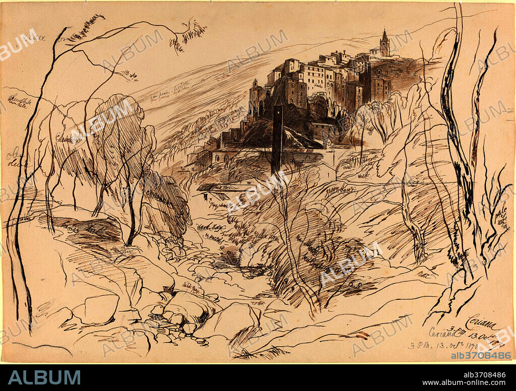 EDWARD LEAR. View of Ceriana. Dated: 1870. Dimensions: overall: 35.7 x 51 cm (14 1/16 x 20 1/16 in.). Medium: pen and brown ink over graphite.