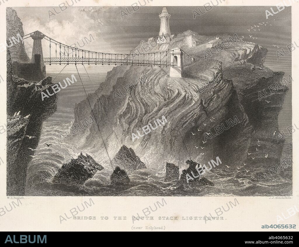HEINRICH HARDER. South Stack Lighthouse. The ports, harbours, watering-places, and coast sc. London: George Virtue, 1842. Bridge to the South Stack lighthouse, near Holyhead'. The 91ft lighthouse was constructed in 1809 and designed by David Alexander. It is situated on Holy Island on the north west coast of Anglesey, North Wales. Image taken from The ports, harbours, watering-places, and coast scenery of Great Britain. Illustrated by views taken on the spot, by W. H. Bartlett, with descriptions by William Beattie. (Findens views of the ports, harbours & watering places of Great Britain.-vol. 1: Views by Messrs. Harding, Creswick, Cooke, and Palmer. Descriptions by W. A. C. [i.e. William Andrew Chatto.]-vol. 2. Views by Mr. Bartlett. Descriptions by Dr.Beattie.). Originally published/produced in London: George Virtue, 1842. Source: 1502/320 volume 2,. Language: English.