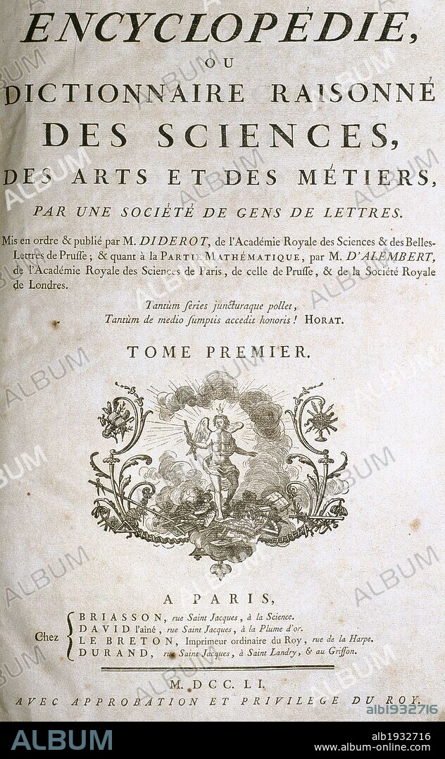 ENCYCLOPEDIE. Portada del primer tomo de la primera edición de La Enciclopedia. Editada en París entre 1751 y 1752; contiene 17 volúmenes de texto y 11 volúmenes de grabados.