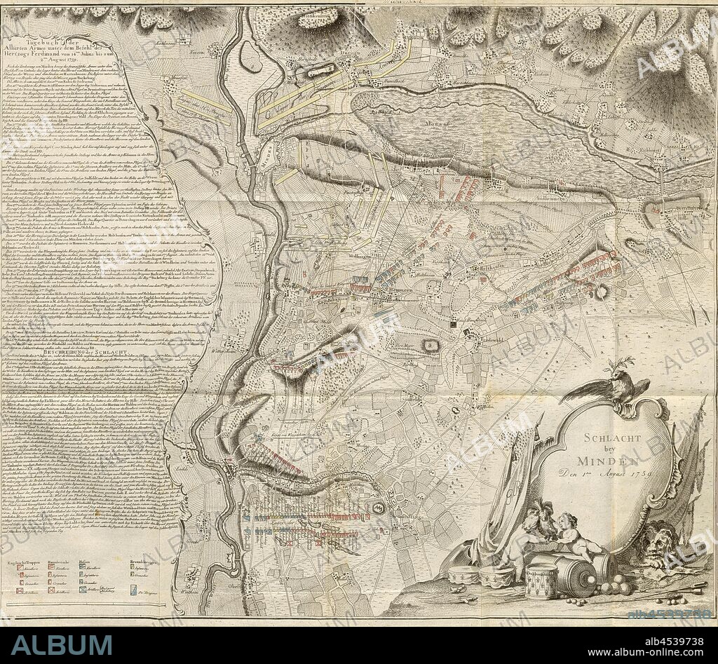 Battle of Minden, Plan for the Battle of Mindem on August 1, 1759, Fig. 1, according to p. 384, Georg Friedrich von Tempelhoff, Henry Lloyd: Geschichte des siebenjährigen Krieges in Deutschland zwischen dem Könige von Preussen und der Kaiserin Königin mit ihren Alliirten vom General Lloyd. Als eine Fortsetzung der Geschichte des General Lloyd. Bd. 3. Berlin: gedrukt und verlegt von Johann Friedrich Unger, 1787.