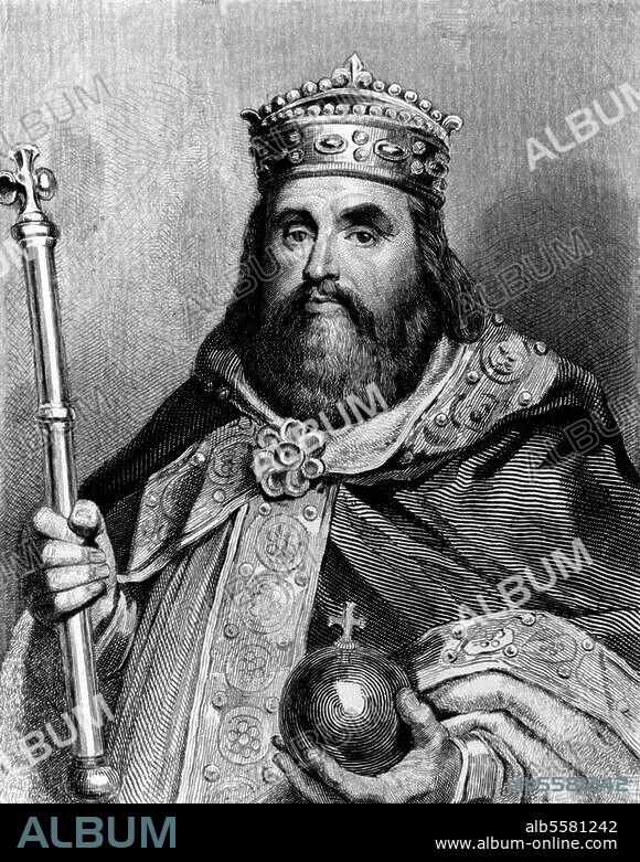 OUDAILLE and LOUIS FELIX AMIEL. Charles III the Fat; King of East Franks, Alemannia (876-87), King of France since. 885, Holy Roman Emperor 881; 839 - 888. Portrait. Steel engraving, 1845, by Oudaille after a painting c. 1837, by Louis-Félix Amiel. (1802-1864). From: Ch. Gavard, Galeries Historiques de Versailles.