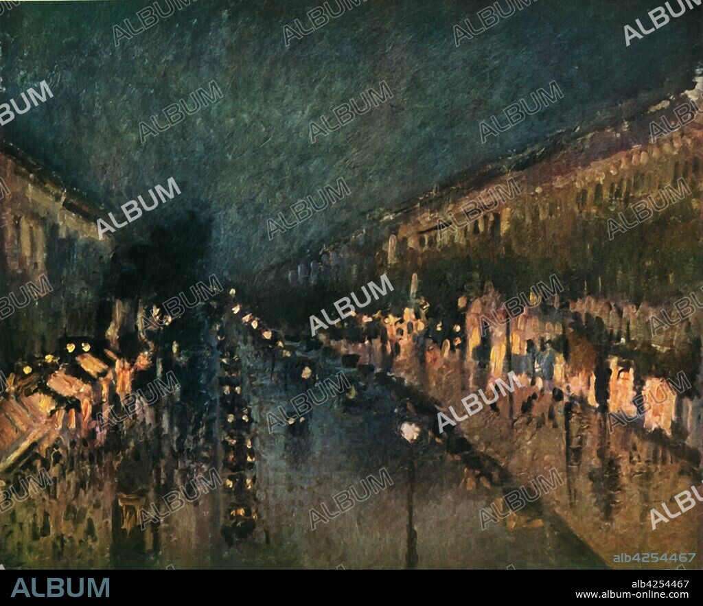 CAMILLE PISSARRO. 'The Boulevard Montmartre at Night', 1897, (1937). Evening on a busy Paris street. Painting in the National Gallery, London. From "The Impressionists" by Wilhelm Uhde. [The Phaidon Press, George Allen & Unwin Ltd, Vienna & London, 1937].