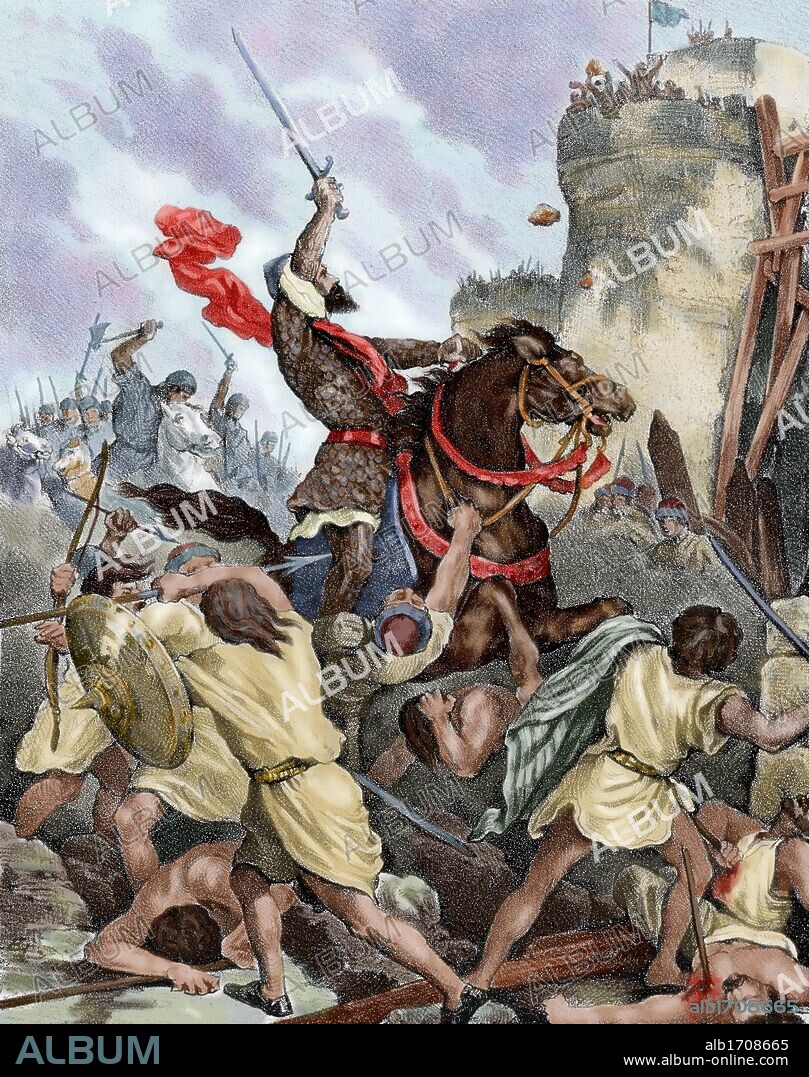 Rodrigo Diaz de Vivar (c.1043-1099), known as El Cid. Castilian nobleman, military leader and diplomat. Conquest of Valencia (June 15, 1094). Spain. Colored engraving.