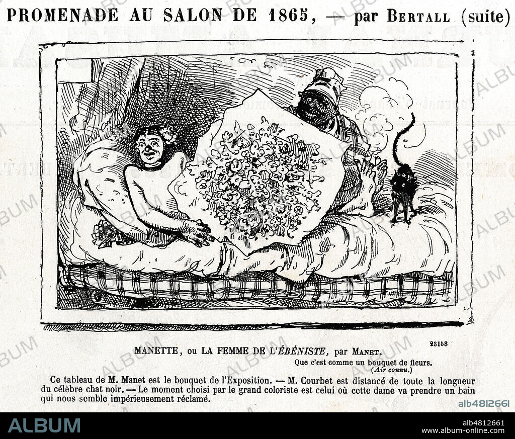 Manette ou la femme de l'ebeniste. Caricature de BERTALL (1820-1882) sur L'Olympia de Edouard MANET (1832-1883) parue dans Le Journal amusant du 27 mai 1865. Credit : Collection Kharbine-Tapabor.