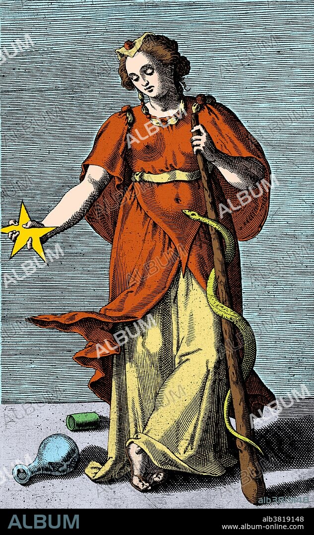 Hygeia holding a pentangle and a staff encircled by a snake. In Greek and Roman mythology, Hygeia was a daughter of the god of medicine, Asclepius. She was the goddess (personification) of health, cleanliness and sanitation. Hygieia played an important part in her father's cult. While her father was more directly associated with healing, she was associated with the prevention of sickness and the continuation of good health. Her name is the source of the word "hygiene". She was imported by the Romans as the Goddess Valetudo, the goddess of personal health, but in time she started to be increasingly identified with the ancient Italian goddess of social welfare, Salus. This image has been color-enhanced.