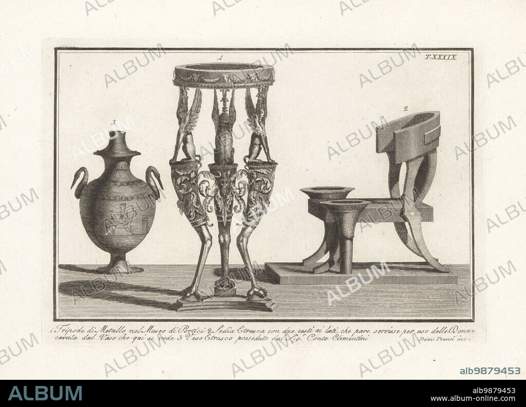 Ornate Roman metal tripod in the Museo di Portici 1, Etruscan chair with two baskets on the sides 2, and Etruscan vase owned by Conte Clementini 3. Copperplate engraving by Domenico Pronti from his own New Collection Representing Religious, Civil and Military Costumes of the Ancient Egyptians, Etruscans, Greeks and Romans, Nuova Raccolta Rappresentante I Costumi Religiosi Civili e Militari, Rome, 1805.
