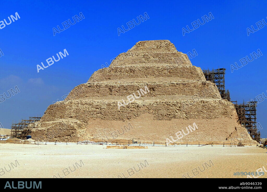 Step Pyramid of Djoser, at Saqqara, Egypt. Saqqara was an ancient burial ground in Egypt, serving as the necropolis for the Ancient Egyptian capital, Memphis. Djoser was the first or second king of the 3rd Dynasty (ca. 2667 to 2648 BC) of the Egyptian Old Kingdom (ca. 2686 to 2125 BC).