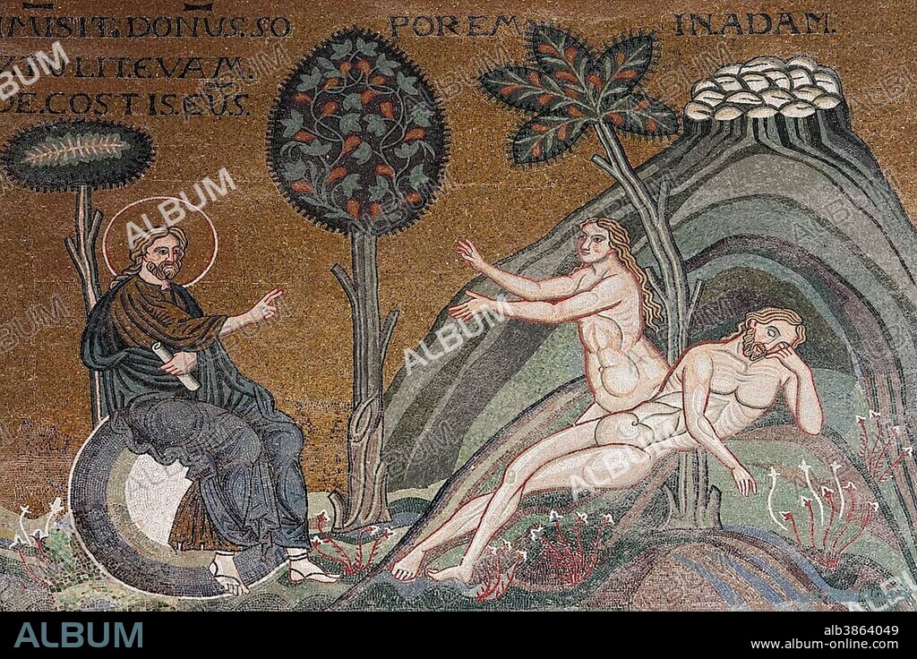 God makes Eve grow from Adam's rib, Byzantine gold ground mosaics, Cathedral of Santa Maria Nuova, Monreale Cathedral, Monreale, Province of Palermo, Sicily, Italy