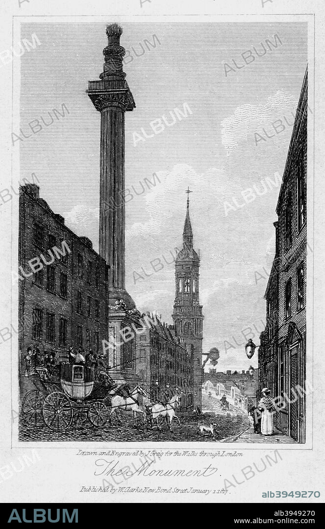 The Monument, City of London, 1817. Christopher Wren's monument commemorating the outbreak of the Great Fire in 1666.