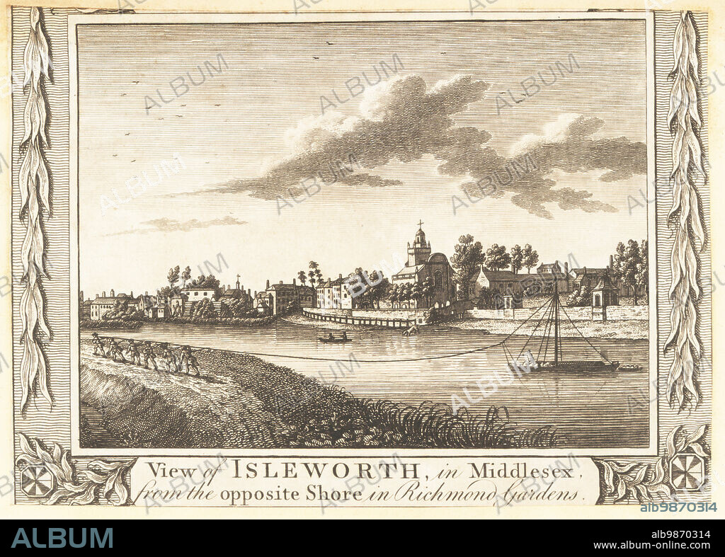 View of the 14th century All Saints Church at Isleworth on the River Thames, London, 18th century. Six ferrymen on the near bank use a tow rope to pull a boat along the river. View of Isleworth in Middlesex from the opposite shore in Richmond Gardens (now Kew Gardens). Copperplate engraving by John Peltro from William Thorntons New, Complete and Universal History of the City of London, Alexander Hogg, King's Arms, No. 16 Paternoster Row, London, 1784.