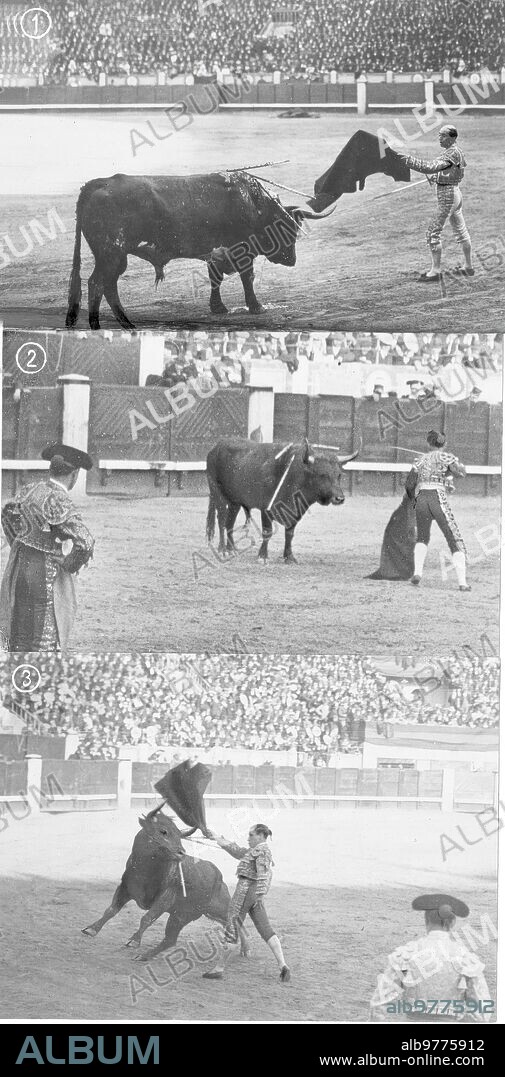 9 abril 1917. De la corrida de Toros de ayer en Madrid. 1.-el gallo Igualando A su primer Toro. 2.-Gaona Entrando A matar el Cuarto. 3.-Belmonte Pasando de muleta al tercero.