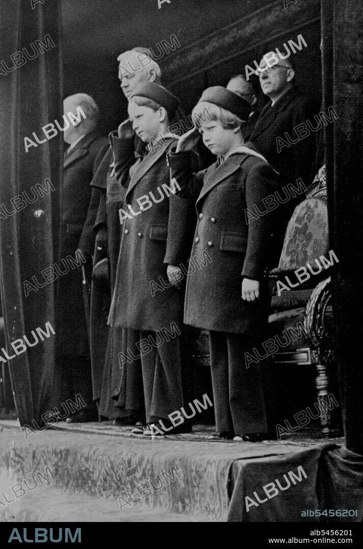 Baudouin I - The Life Story Of A Young Prince -- The young Princess Baudouin and Albert watch the annual great military Spring Parade instaurated by King Albert in celebration of his birthday. April 08, 1940. (Photo by Paul Popper Ltd.).