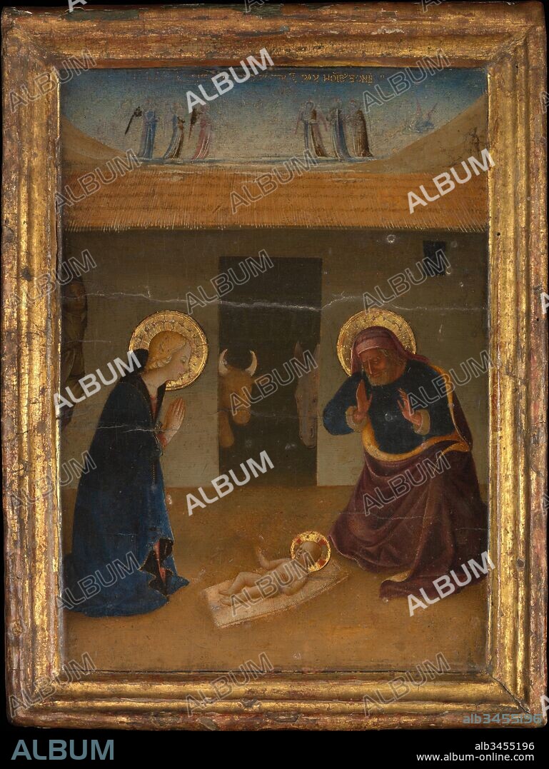 The Nativity, Tempera and gold on wood, Overall, with engaged frame, 15 1/4 x 11 1/2 in. (38.7 x 29.2 cm); painted surface 13 x 9 1/8 in. (33 x 23.2 cm), Paintings, Zanobi Strozzi (Italian, Florence 1412–1468 Florence), Although long ascribed to Fra Angelico, this enchanting Nativity is probably by his pupil Zanobi Strozzi, who is especially known for his manuscript illuminations. The scene is from the base (predella) of an altarpiece.