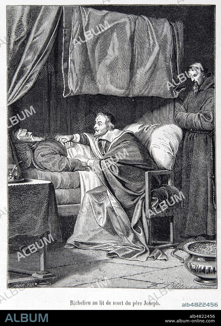 'Richelieu au lit de mort du pere Joseph', François Leclerc du Tremblay, capucin surnomme 'l'eminence grise du cardinal de Richelieu' en raison de son activite, de 1624 a sa mort, au service du principal ministre du roi Louis XIII. (17eme, XVIIeme s.) Illustration par F. Philippoteaux (1815-1884) tiree de l'Histoire de France populaire, tome 2, par Henri Martin (1810-1883), vers 1870. Credit : Collection Grob/KHARBINE-TAPABOR.