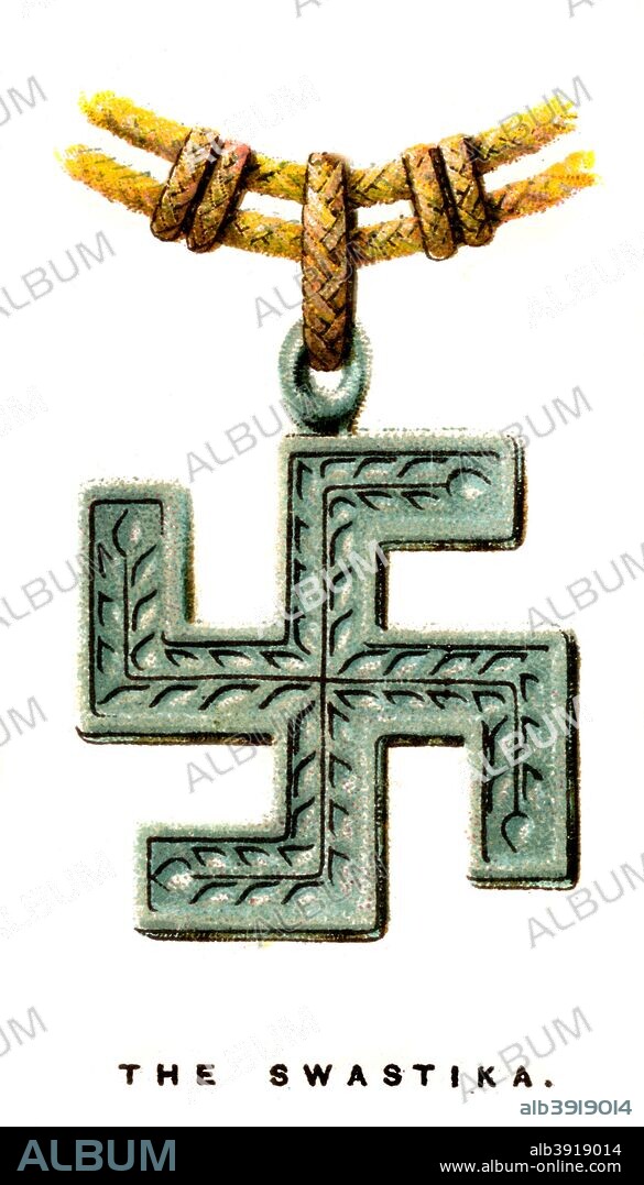 The Swastika, 1923. The ancient geometric symbol was used by many cultures including Hinduism, ancient Rome and Troy, and Native America before its appropriation by the Nazis. One of a series of WD & HO Wills' Cigarette Cards called Lucky Charms, (Bristol and London, 1923).