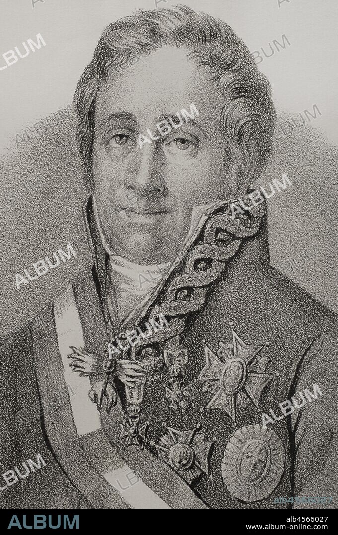 Francisco Tadeo Calomarde de Retascón y Arriá (1773-1842). Político español, ennoblecido como duque de Santa Isabel en Dos Sicilias. Ministro de Gracia y Justicia (1823-1833) durante el reinado de Fernando VII. Dibujo por LLanta. Detalle. Litografía. Crónica General de España, Historia Ilustrada y Descriptiva de sus Provincias. Aragón, 1866. Biblioteca Histórico Militar de Barcelona, Cataluña, España.