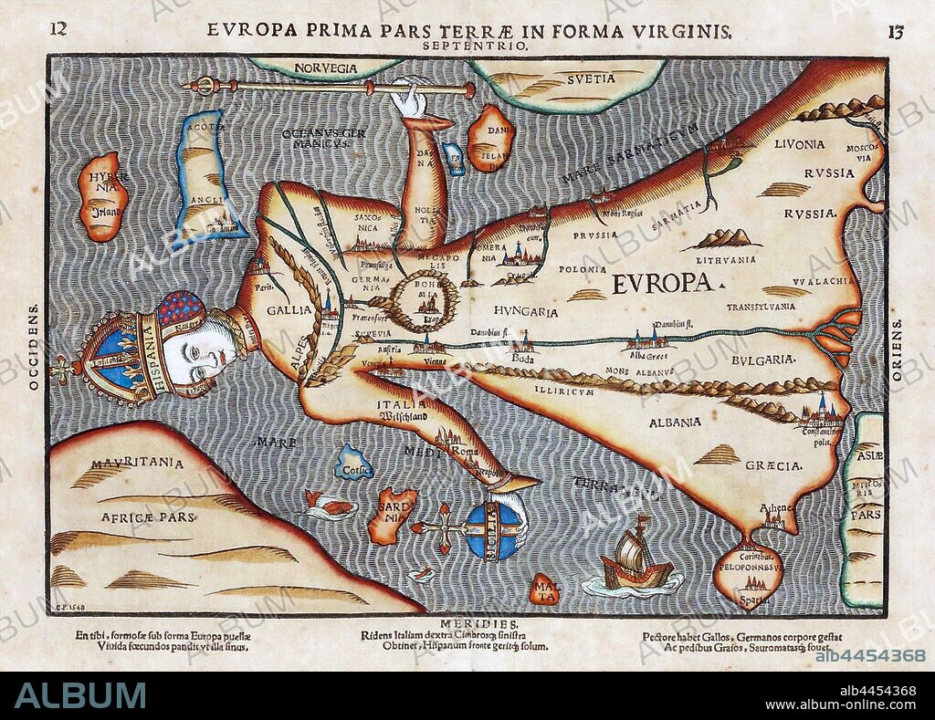 Heinrich Bunting, map of Europe, Europe in the Shape of a Queen,1581.