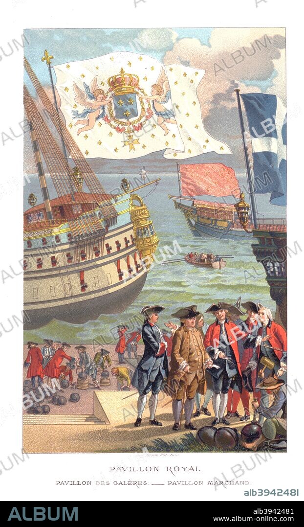 Royal flag, galleon flag and traders' flag, (1885). Illustration from 18th Century Institutions, Usages  And Costumes, France 1700-1789, by Paul Lacroix, (Paris, 1885).