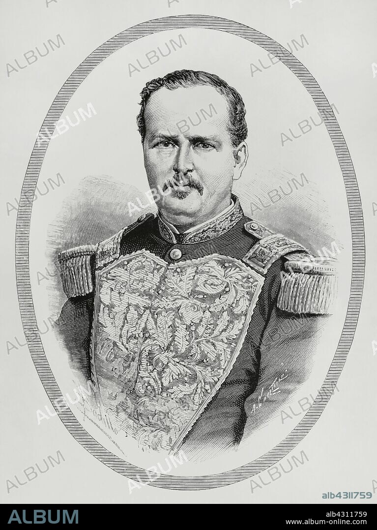 Próspero Fernández Oreamuno (1834-1885). Presidente de Costa Rica de 1882 a 1885. Dibujo por Badillo. Grabado por Arturo Carretero (1852-1903). La Ilustración Española y Americana, 22 de julio de 1883.