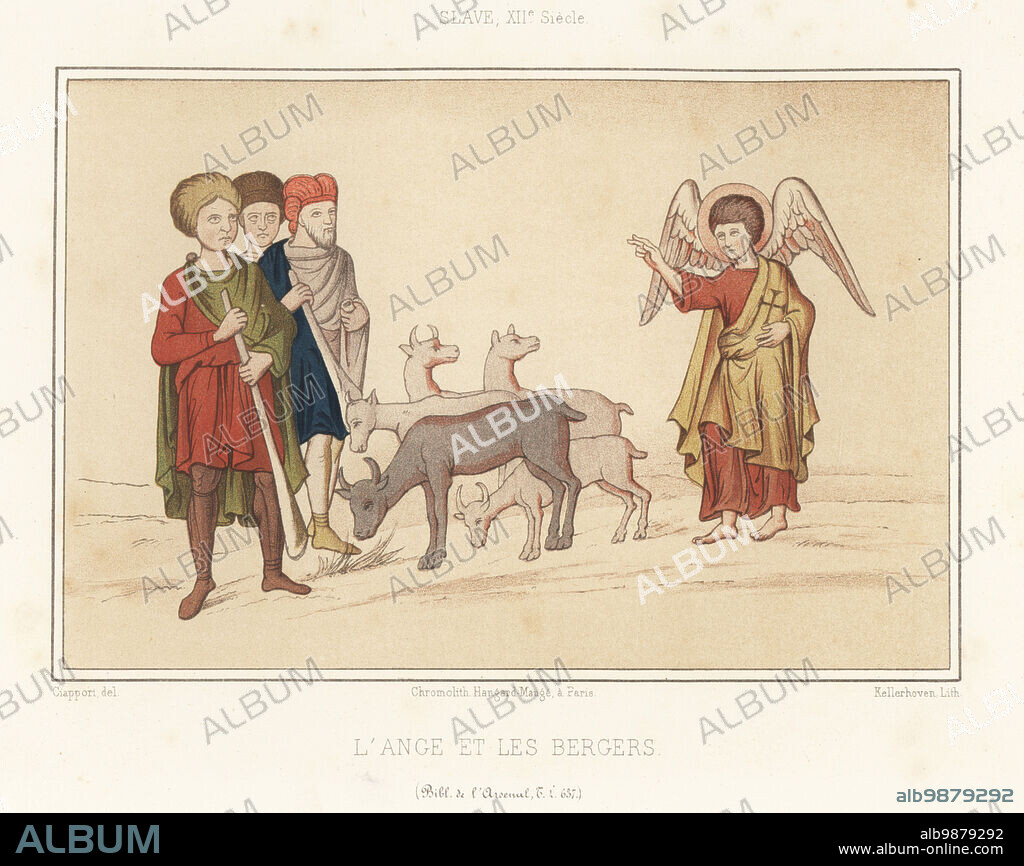 Slav peasant costumes, 12th century. Shepherds in cloaks, tunics and trousers. The angel appearing to the shepherds. L'ange et les bergers, Slave XIIe siecle. From MS T.L. 637, Bibliotheque de l'Arsenal. Chromolithograph by Franz Kellerhoven after Claudius Joseph Ciappori from Charles Louandres Les Arts Somptuaires, The Sumptuary Arts, Hangard-Mauge, Paris, 1858.
