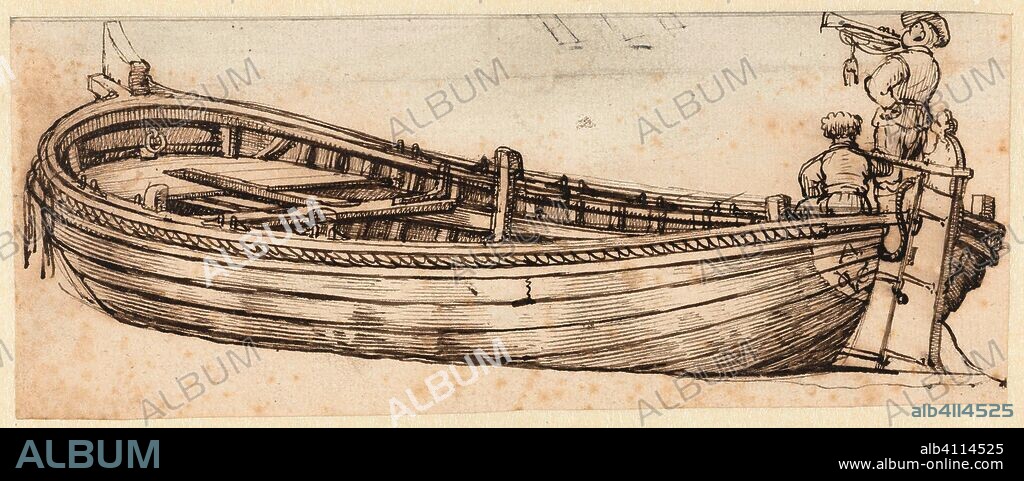 Sloop of the VOC room of Amsterdam with a man at the helm and a trumpet player. Draughtsman: Jacob Esselens. Dating: 1636 - 1687. Measurements: h 84 mm × w 208 mm.