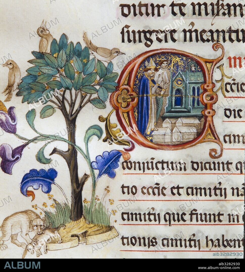 Pontifical de Guillaume Durand, c. 1409-1415. Letra inicial. Obispo bendiciendo una un iglesia, a sus pies una ciudad. Arxiu Capitular de la Catedral de Girona.
