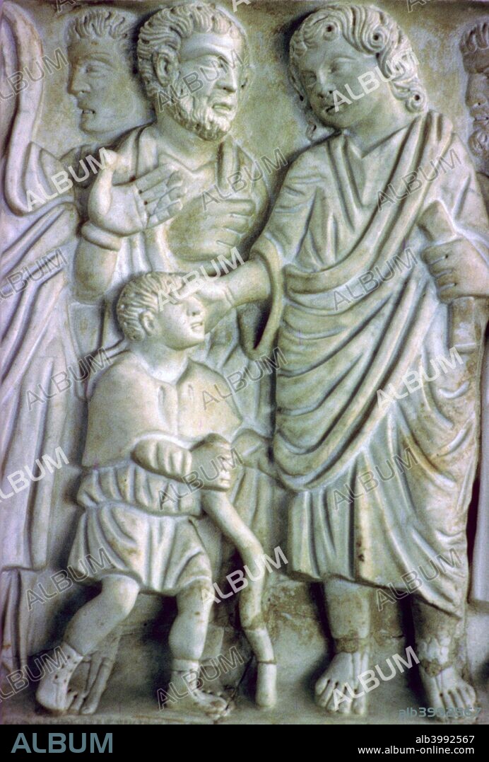 Detail from an early Christian sarcophagus from Rome depicting Jesus healing a blind man., 4th Century. Part of the Vatican Museum's collection.
