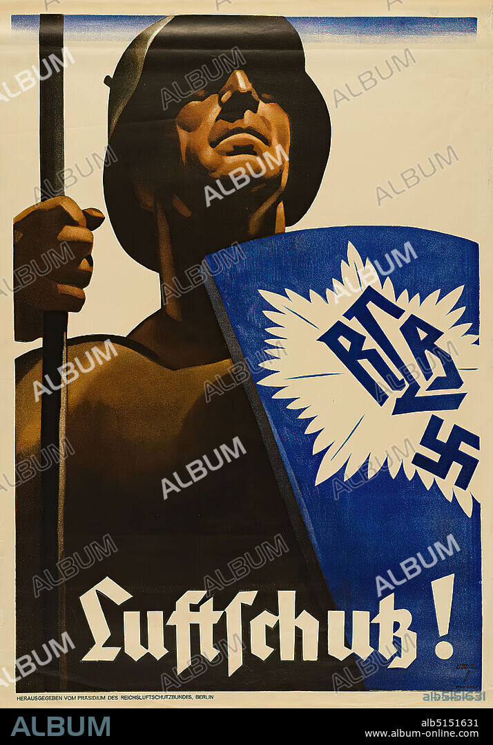 Ludwig Hohlwein, Hermann Sonntag & Co, Luftschutz!, paper, lithography, total: height: 84 cm; width: 59 cm, signed: recto u. r. im Druck: LUDWIG HOHLWEIN, MUNICH, war posters, propaganda posters, war, defense, air force, soldier, civilians (war), society, organization.