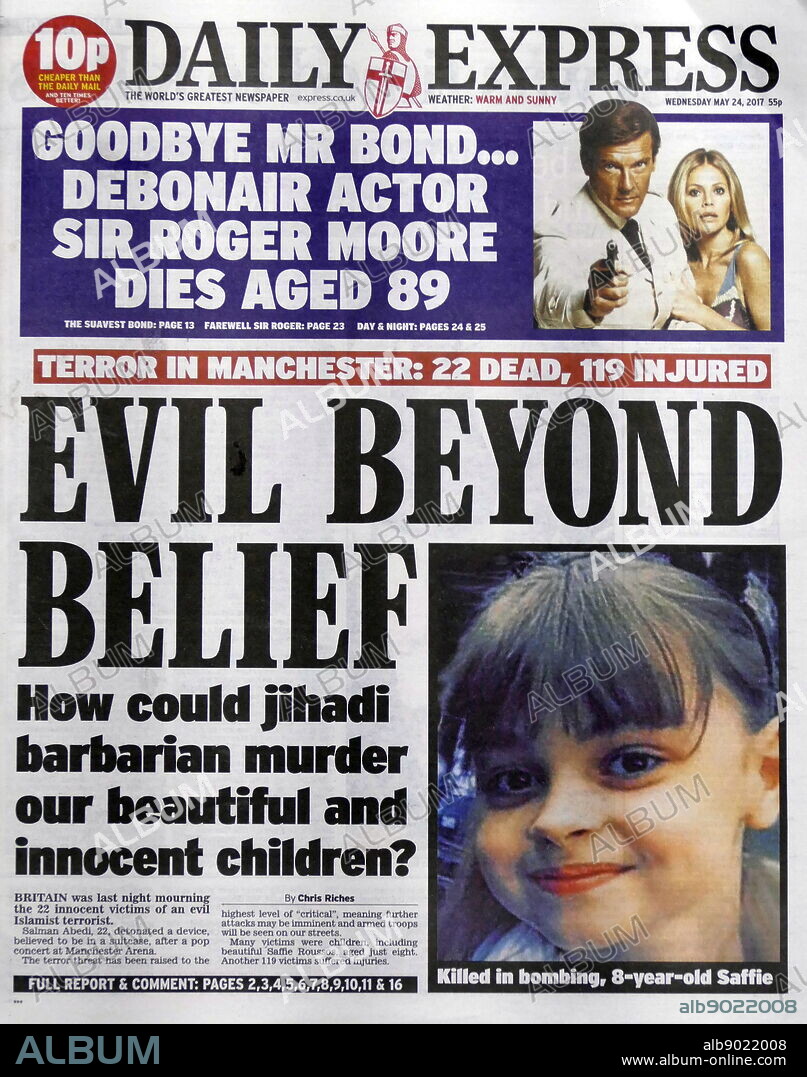 British newspaper headline and front page, during the days following the 22 May 2017, suicide bombing, carried out at Manchester Arena in Manchester, England, following a concert by American singer Ariana Grande.