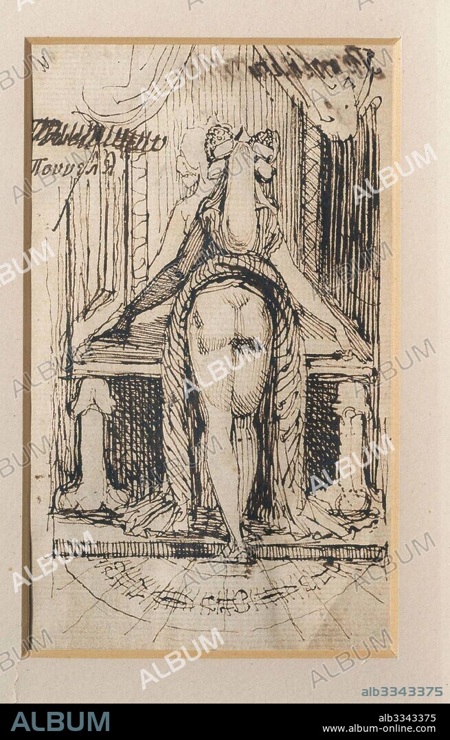 JOHANN HEINRICH FüSSLI (FUSELI). Callipyga. Lady with raised skirts, standing in front of a dressing table with phallic supports.