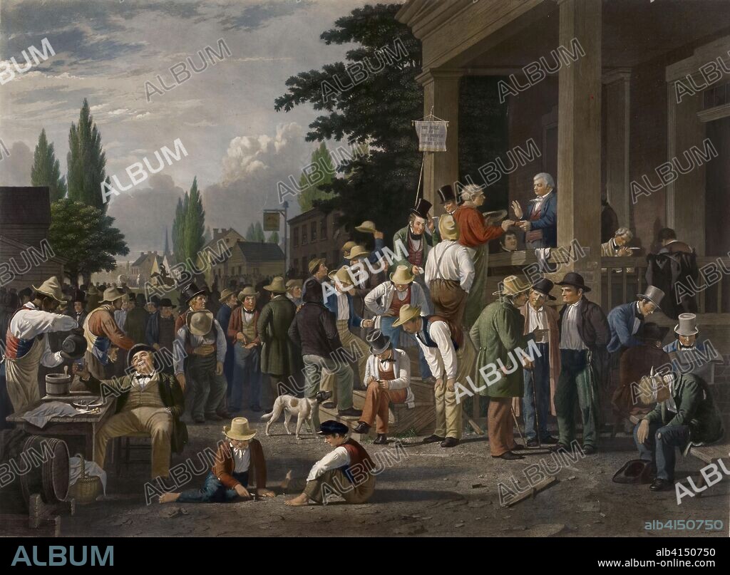 County Election. John Sartain (English, 1808-1897); after George Caleb Bingham (American, 1811-1879). Date: 1854. Dimensions: 556 × 762 mm (image); 708 × 938 mm (sheet). Engraving hand-colored with watercolor on cream chine laid down on cream wove plate paper. Origin: England.