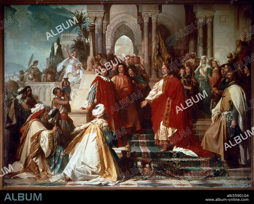 ARTHUR GEORG FREIHERR VON RAMBERG. Friedrich II., röm.-dt. Kaiser, 1194-1250. "Der Hof Friedrichs II. zu Palermo". (Friedrich II. empfängt 1230 eine Gesandtschaft der Araber; neben dem Kaiser der Kanzler Petrus de Vinea, links der Deutschordensmeister Hermann von Salza). Gemälde, 1860/66, von Arthur von Ramberg (1819-1875). Öl / Lw., 383 × 520 cm. München, Neue Pinakothek.