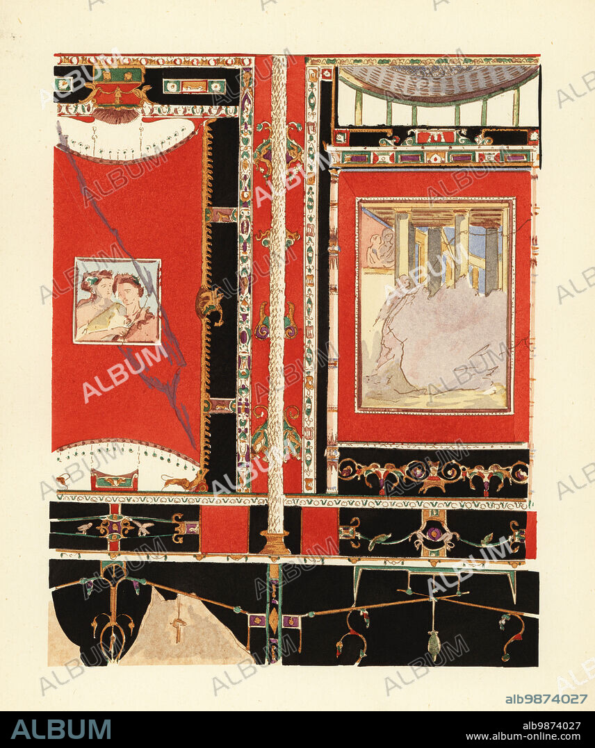 Tablinum in the House of L. Caecilius Jucundus, Pompeii. Third Pompeian Style. Tablinum de la maison de Jucundus. Troisieme style. Region V.1.26. Handcoloured pochoir (stencil) lithograph by Pierre Guzman from his own Decoration murale a Pompei, (Wall decoration at Pompeii), Editions Albert Morance), Paris, 1924.