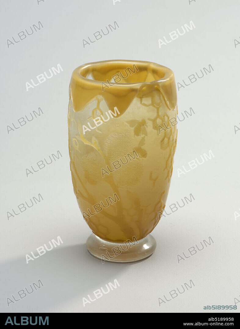 Yellow with bees, Gallé, Emile Gallé, French, 1846 - 1904, Glass, Ovoid footed vase with honey-colored depiction of honeycomb pattern and bees. Rim with overflowing honey., France, late 19thearly 20th century, glasswares, Decorative Arts, Vase, Vase.