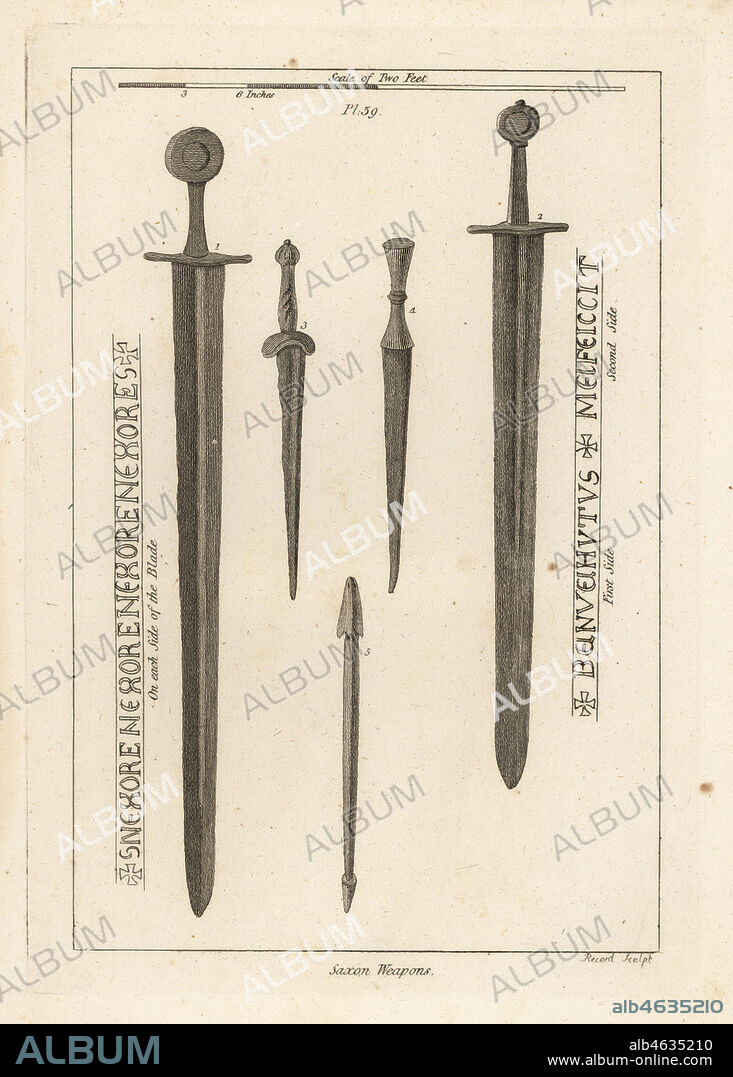 Saxon weapons: ancient iron sword 1,2, and dirks and daggers 3,4 found in the River Wytham, Lincolnshire, and a crossbow bolt found in the camp at Danbury, Essex 5. Copperplate engraving by Record from Francis Grose's Military Antiquities respecting a History of the English Army, Stockdale, London, 1812.