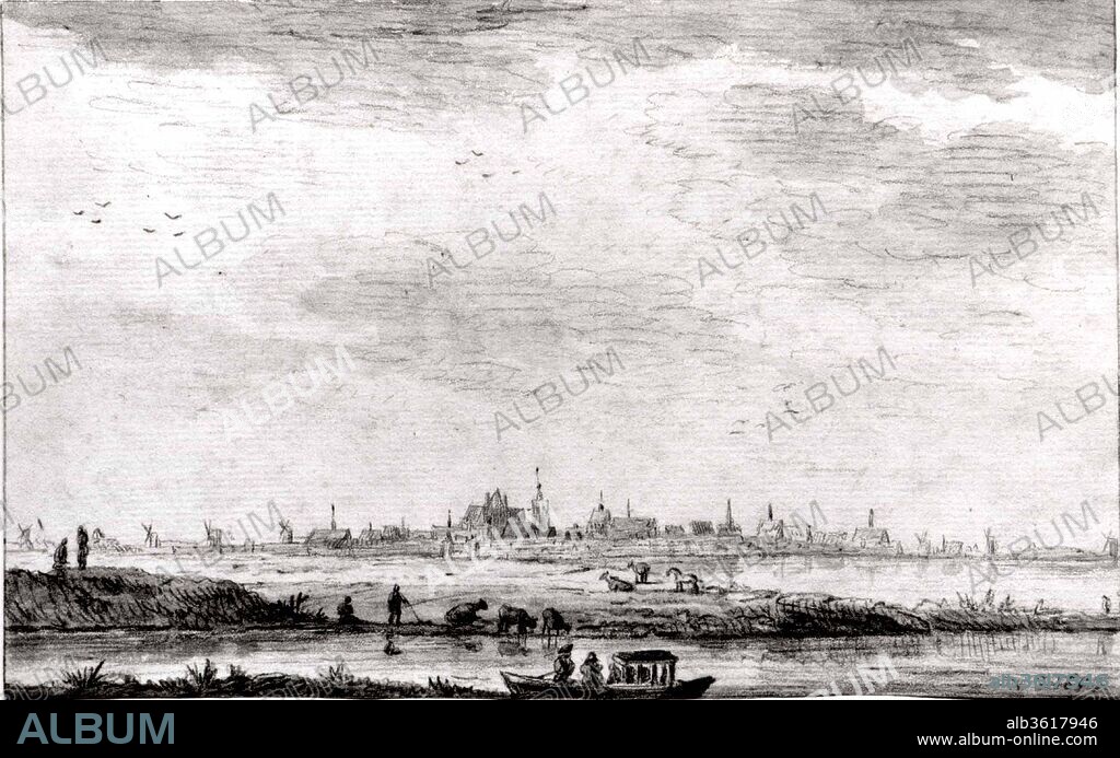 Distant Town Seen across Water and Fields. Artist: Style of Jan van Goyen (Dutch, Leiden 1596-1656 The Hague). Dimensions: 5 1/4 x 8 3/8 in.  (13.4 x 21.2 cm). Date: 1652.
This river scene recalls the style of Jan van Goyen's drawings of the 1630s.  Yet the drawing seems too schematic for van Goyen.  While it has also been given to Anthonie Waterloo -- based on his drawings imitating van Goyen's work of the 1630s -- the attribution is too tenuous to draw a definitive conclusion.