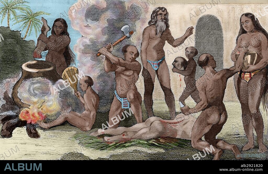 HISTORIA DE AMERICA. SIGLO XVI. CONQUISTA DE BRASIL. Expediciones portuguesas en el descubrimiento del Brasil. 'PREPARATIVOS PARA UNA COMIDA CANIBAL EN BRASIL EN TIEMPOS DE LA CONQUISTA'. Grabado francés de Prot y dibujo de Demoraine (año 1844). Coloreado.