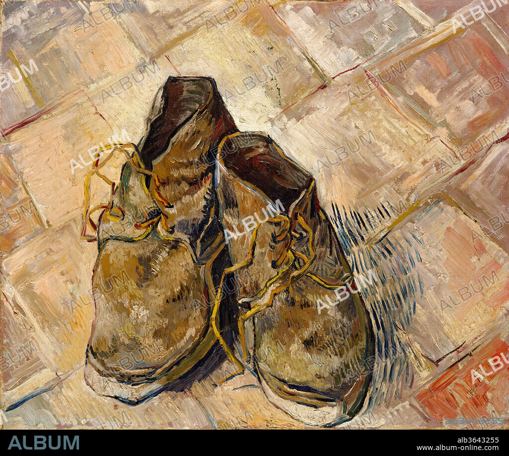 Shoes. Artist: Vincent van Gogh (Dutch, Zundert 1853-1890 Auvers-sur-Oise). Dimensions: 18 x 21 3/4 in. (45.7 x 55.2 cm). Date: 1888.
Van Gogh painted several still lifes of shoes or boots during his Paris period. This picture, painted later, in Arles, evinces a unique return to the earlier motif. However, here Van Gogh has placed the shoes within a specific spatial context: namely, the red-tile floor of the Yellow House. Not only may we identify the setting, but perhaps the owner of the shoes as well. It has been suggested that this "still life of old peasants' shoes" may have been those of Patience Escalier, whose portrait Van Gogh executed around the same time, late summer 1888.