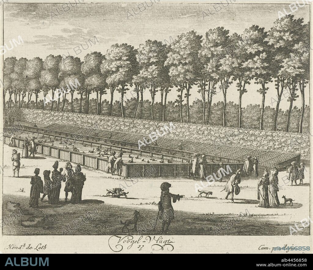 Duck pond of Soestdijk Palace Voogel-Vlugt (title on object) Generale Afbeeldinge Vant Lust-Huijs and Hof van sijn Royal Majesty of Great Britain t Soest-Dijk (series title), View of the duck pond in the garden of Soestdijk Palace, with walking figures. The print is part of a series with sixteen faces at Soestdijk Palace and the accompanying estate, palace, water-birds: duck, pond, pool (variant), Soestdijk, Hendrik de Leth (mentioned on object), 1725 - 1747, paper, etching, h 135 mm × w 160 mm.